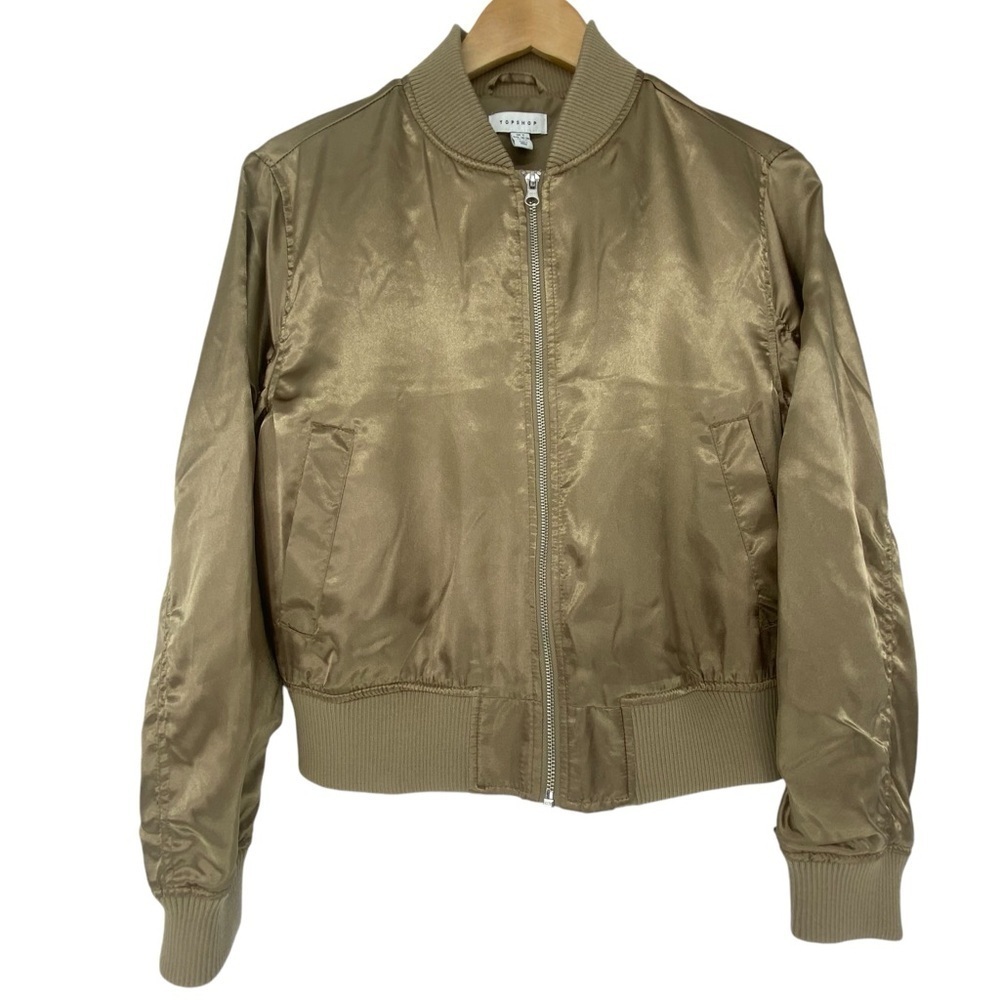 Topshop gold metallic cropped zippered bomber jacket women's size small (4-6)